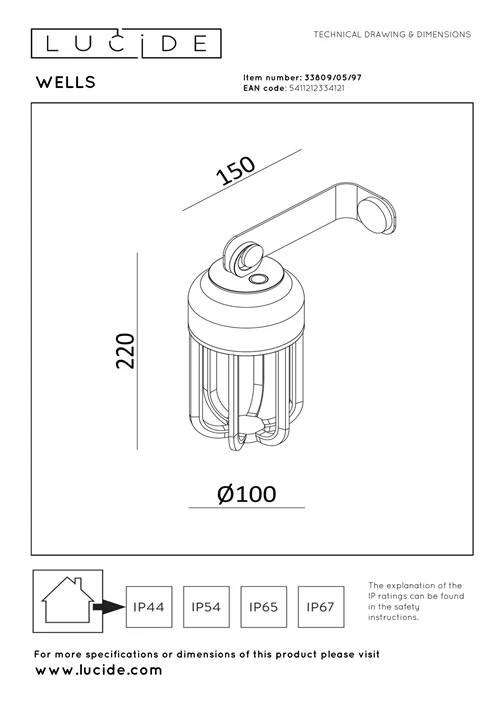 Lucide WELLS - Lámpara de pared Recargable Dentro/Fuera - Batería/acumulador - Ø 10 cm - LED Regul. - CCT - 1x5W 2700K/4000K - IP54 - Marrón óxido | Essential - técnico